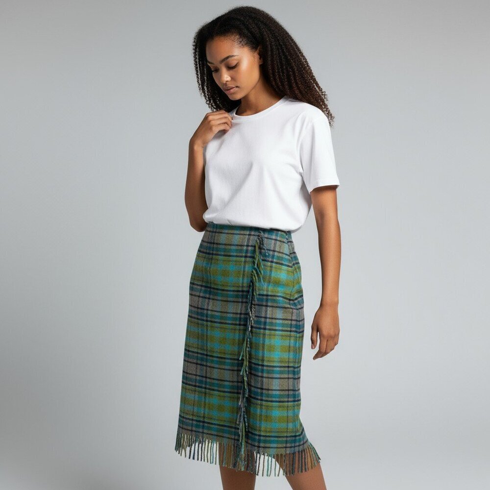 J Jill Wool Blend Skirt 12 Blue Green Tartan Office Casual NEW